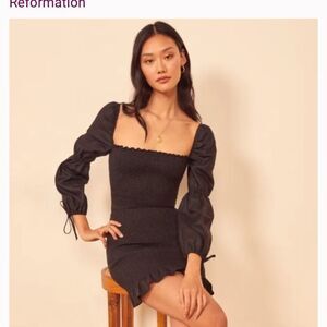 Reformation Hilary Smocked Black Linen Puff Sleeves Mini Dress Women’s Sz S